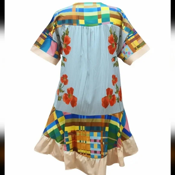 New mixed print Aline tunic dress with deep Vneck, short sleeves and ruffled bot - Picture 2 of 7
